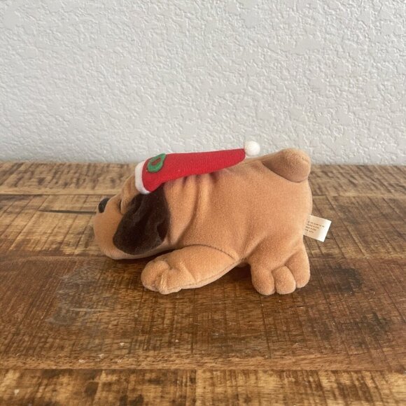 1991 Christmas Dog Plush Vintage Stuffed Toy Brown Santa Hat Red Puppy Gro Well - Picture 2 of 7